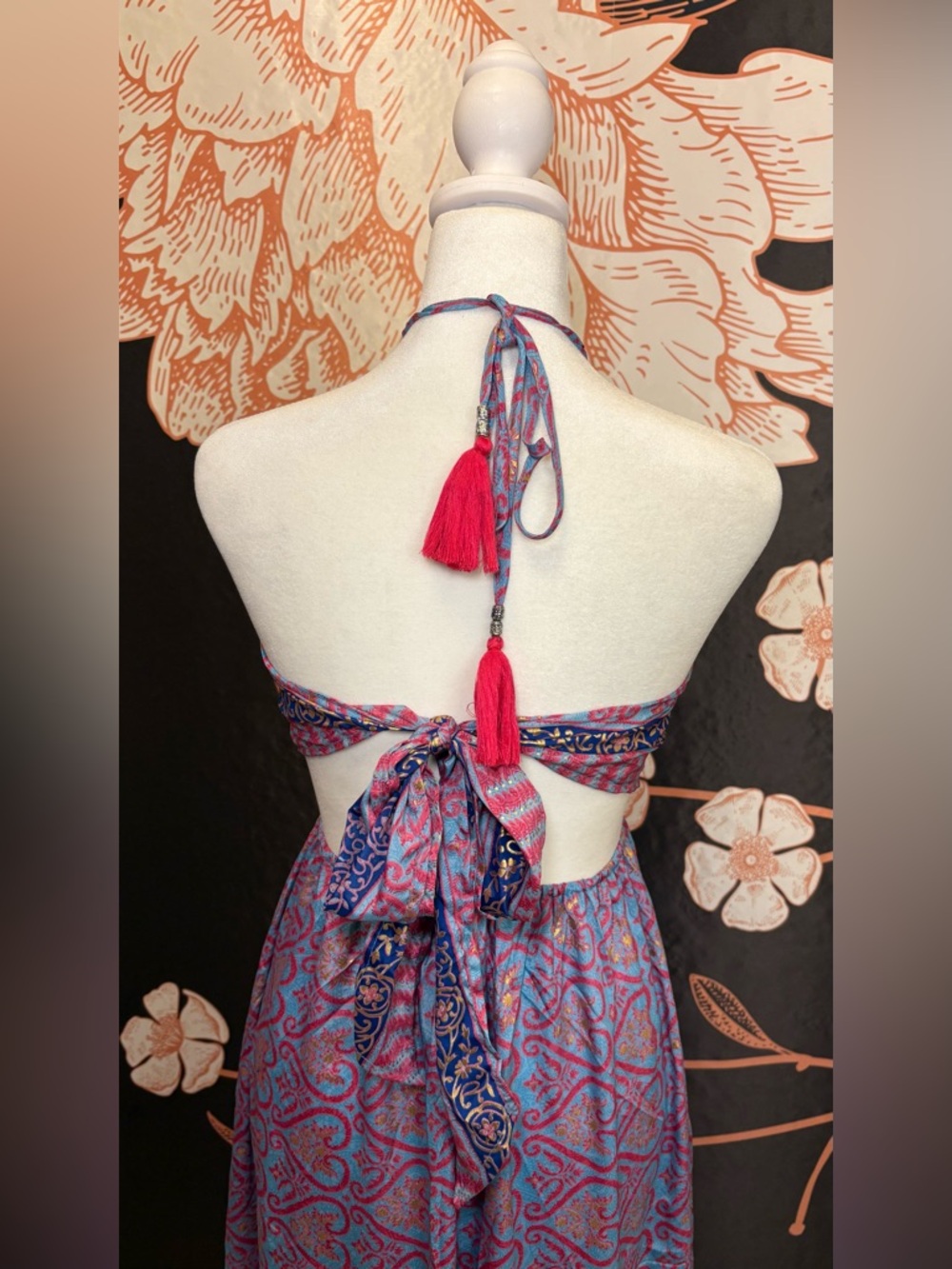 NWOT ROMANTIC Blue Pink Paisley Halter Maxi Dress Cutout Backless Boho - Picture 6 of 8